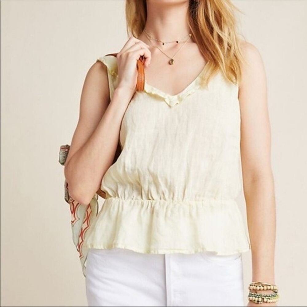 Cloth & Stone Anthropologie Yellow Linen Ruffled‎ Peplum Top Size M Sleeveless